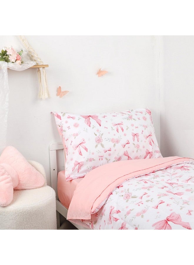 Jundetye Toddler Bedding Set for Girls 4 Pieces Pink Rose, Soft Breathable Toddler Comforter Set, Bow Flower Print, Includes Reversible Comforter, Fitted Sheet and Flat Sheet, Pillowcase - Image 4