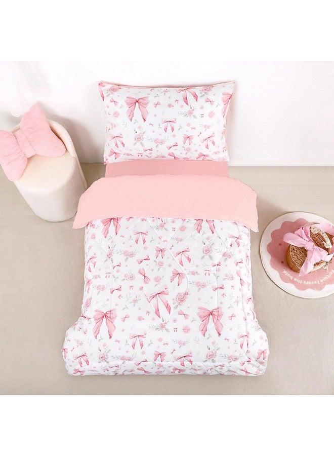 Jundetye Toddler Bedding Set for Girls 4 Pieces Pink Rose, Soft Breathable Toddler Comforter Set, Bow Flower Print, Includes Reversible Comforter, Fitted Sheet and Flat Sheet, Pillowcase - Image 1