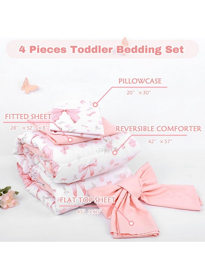 Jundetye Toddler Bedding Set for Girls 4 Pieces Pink Rose, Soft Breathable Toddler Comforter Set, Bow Flower Print, Includes Reversible Comforter, Fitted Sheet and Flat Sheet, Pillowcase - Image 5