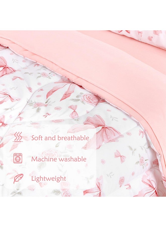 Jundetye Toddler Bedding Set for Girls 4 Pieces Pink Rose, Soft Breathable Toddler Comforter Set, Bow Flower Print, Includes Reversible Comforter, Fitted Sheet and Flat Sheet, Pillowcase - Image 2