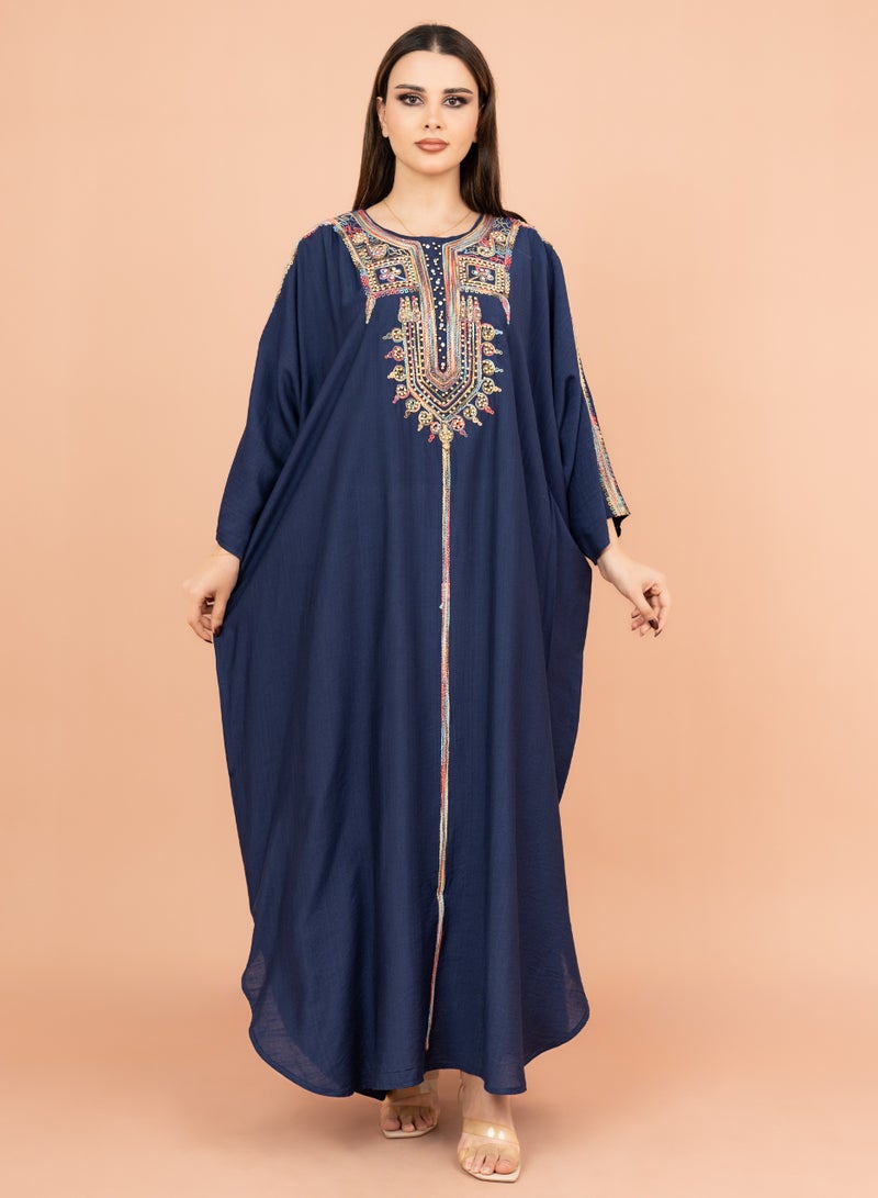 IKKXA FreeSize Solid Jalabiya with Intricate Embroidery IK4005 Blue - Image 1