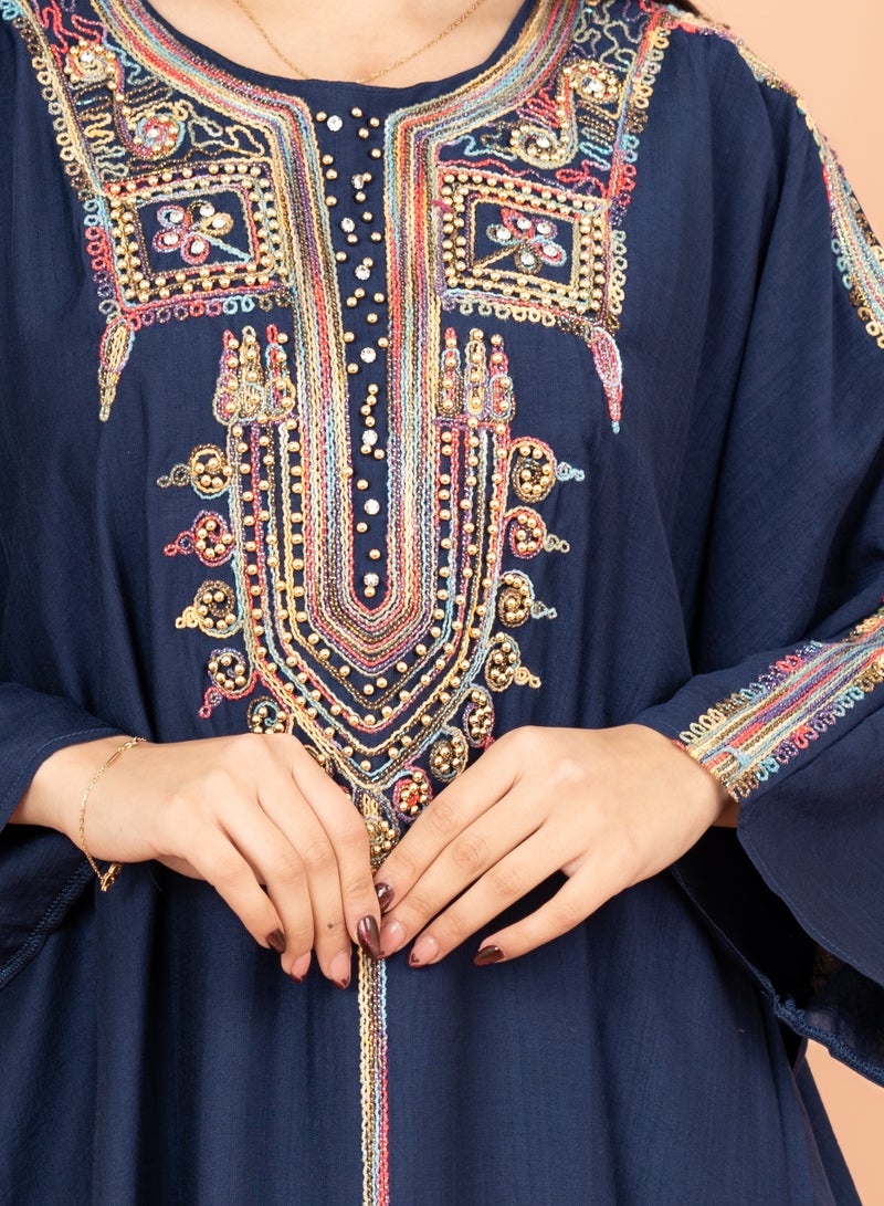 IKKXA FreeSize Solid Jalabiya with Intricate Embroidery IK4005 Blue - Image 2