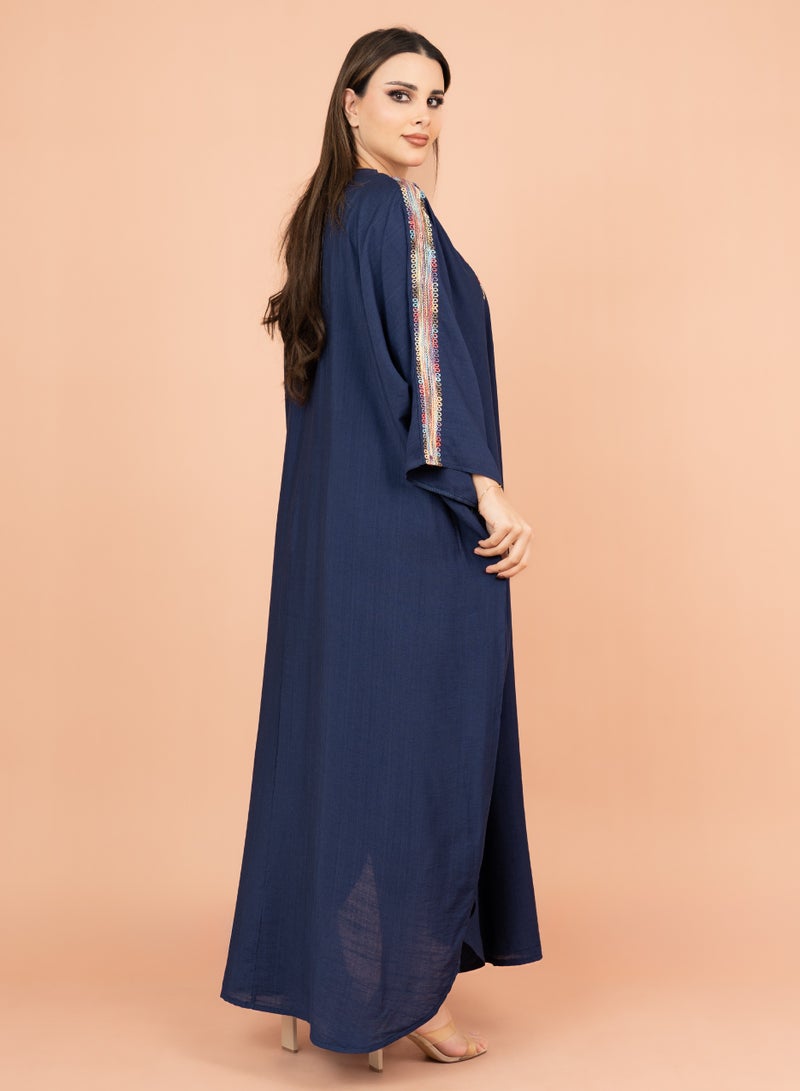 IKKXA FreeSize Solid Jalabiya with Intricate Embroidery IK4005 Blue - Image 3