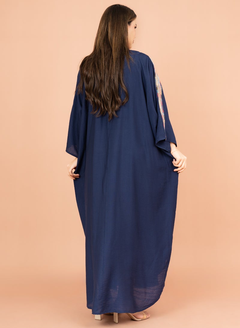 IKKXA FreeSize Solid Jalabiya with Intricate Embroidery IK4005 Blue - Image 4