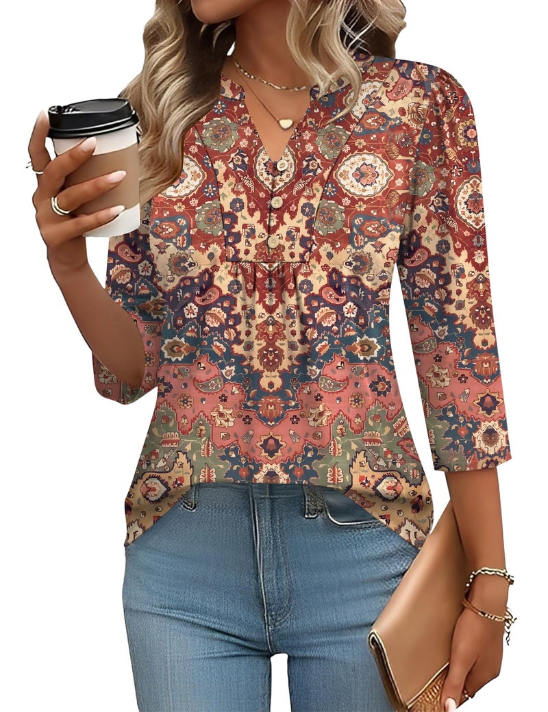 IECCP Womens 3/4 Sleeve Tops Dressy Casual Blouses 2026 Summer Pleated T Shirts Loose Fit Tunics to Wear with Leggings (Rainbow Stripe,L) - Image 1