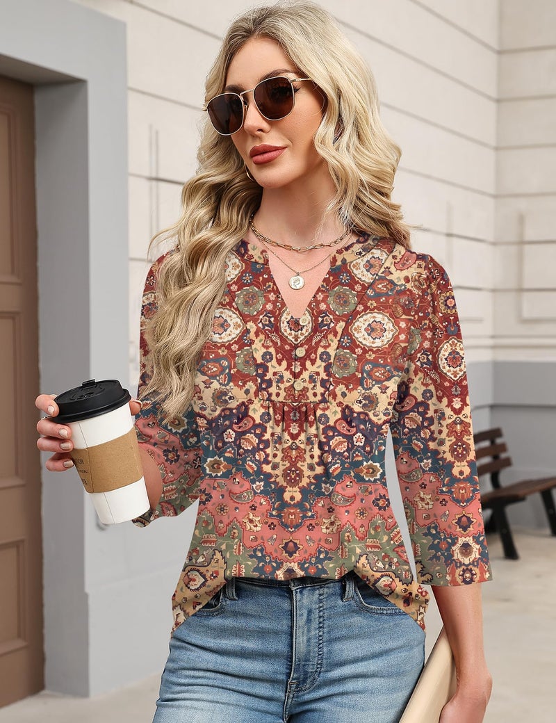 IECCP Womens 3/4 Sleeve Tops Dressy Casual Blouses 2026 Summer Pleated T Shirts Loose Fit Tunics to Wear with Leggings (Rainbow Stripe,L) - Image 4