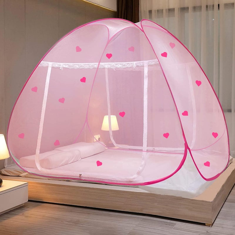 Evafly Mosquito Net for Double Bed | Heart Design (Limited Edition) | King Size Foldable Machardani | Polyester 30GSM Strong Net | PVC Coated Corrosion Resistant Steel Wire - Full Pink - Image 1