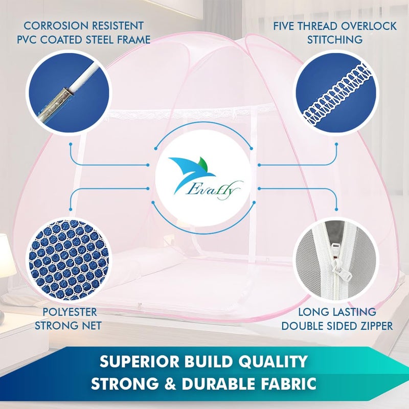 Evafly Mosquito Net for Double Bed | Heart Design (Limited Edition) | King Size Foldable Machardani | Polyester 30GSM Strong Net | PVC Coated Corrosion Resistant Steel Wire - Full Pink - Image 3