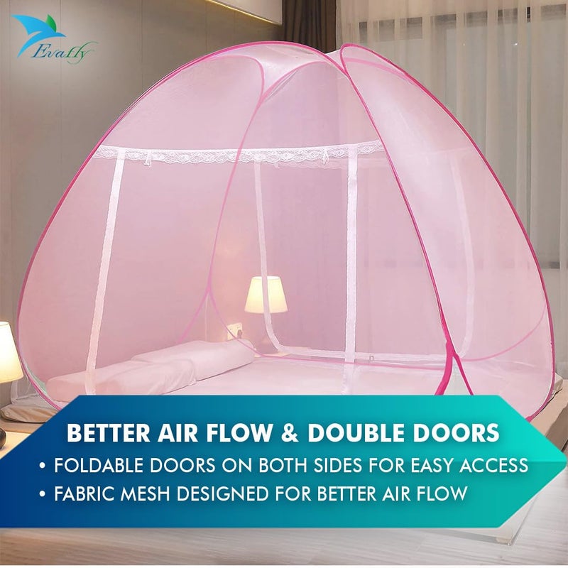 Evafly Mosquito Net for Double Bed | Heart Design (Limited Edition) | King Size Foldable Machardani | Polyester 30GSM Strong Net | PVC Coated Corrosion Resistant Steel Wire - Full Pink - Image 4