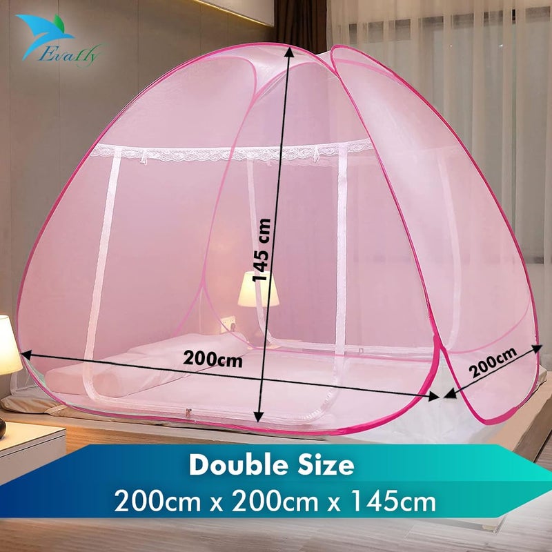 Evafly Mosquito Net for Double Bed | Heart Design (Limited Edition) | King Size Foldable Machardani | Polyester 30GSM Strong Net | PVC Coated Corrosion Resistant Steel Wire - Full Pink - Image 2
