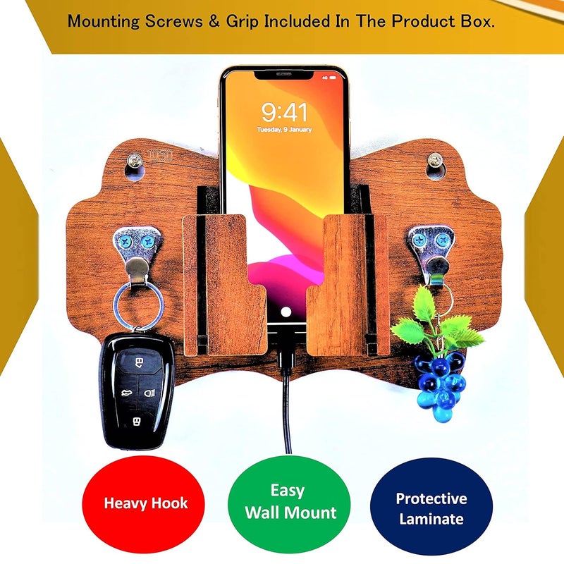 US DZIRE - THE BRAND OF LIFESTYLE US DZIRE THE BRAND OF LIFESTYLE Wooden Key Holder Mobile Charging Stand Cloth Hanger for Home Living Room Kitchen Wooden Handcrafted Wall Dcor 1050 KHN  - Image 3