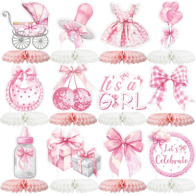 Tarklanda 12 Pcs Pink Bow Baby Shower Party Honeycomb Centepieces Bow Coquette Birthday Table Decor 3D Table Topper Pregnancy Announcement Gender Reveal Birthday Party Supplies - Image 3