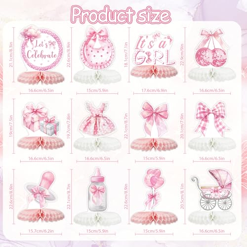Tarklanda 12 Pcs Pink Bow Baby Shower Party Honeycomb Centepieces Bow Coquette Birthday Table Decor 3D Table Topper Pregnancy Announcement Gender Reveal Birthday Party Supplies - Image 5