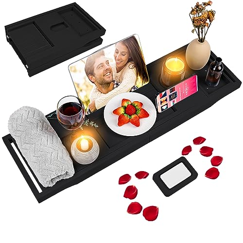 Foldable Bathtub Caddy Tray Bamboo Bath Tub Tray Table for Tub with Wine Glass Holder Book Phone Tablet Holder with Extending Sides Adjustable Bathroom Bathtub Free Soap Holder Gift Idea Black