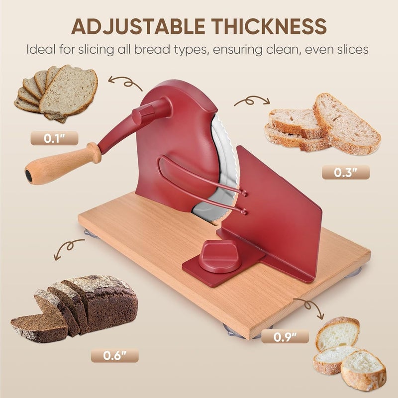 SOWKIPE Manual Bread Slicer with Hand Crank, Classic Home Bread Slicer for Homemade Sourdough, Rotary Slicer with Adjustable Thickness, Premium Stainless Steel & Powerful Suction Cups (Red) - Image 2