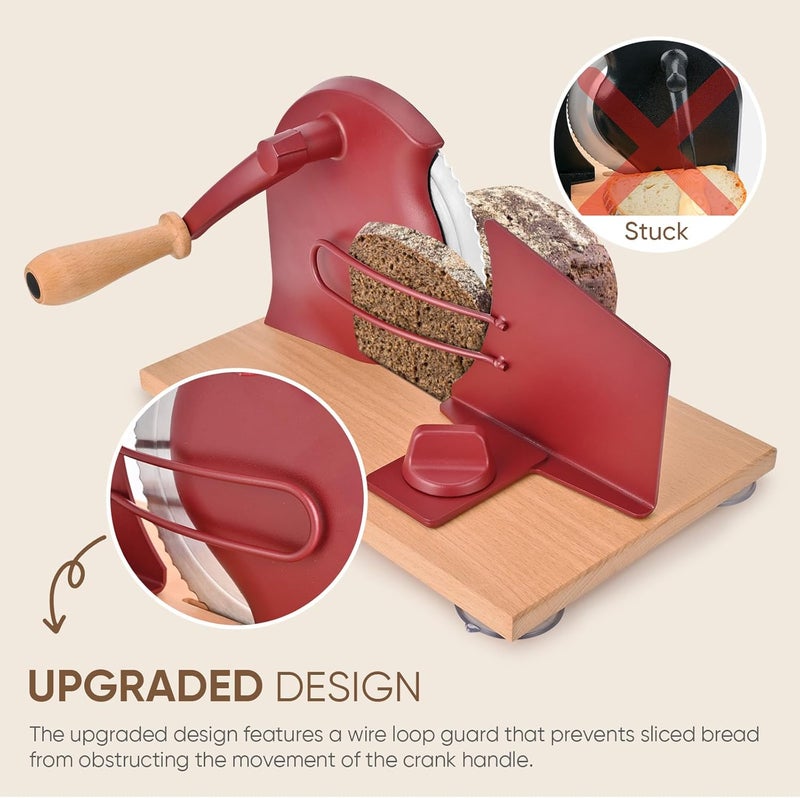 SOWKIPE Manual Bread Slicer with Hand Crank, Classic Home Bread Slicer for Homemade Sourdough, Rotary Slicer with Adjustable Thickness, Premium Stainless Steel & Powerful Suction Cups (Red) - Image 3