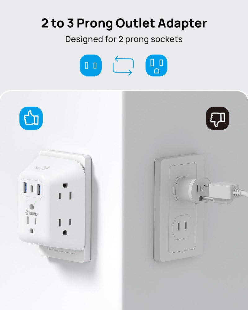 TROND 2 Prong to 3 Prong Outlet Adapter, 1440J Surge Protector Power Strip 2 Prong, Featured 5 AC Outlets and 3 USB Ports, Wall Plug Extender Polarized Plug for Non-Grounded Plug Old House - Image 5