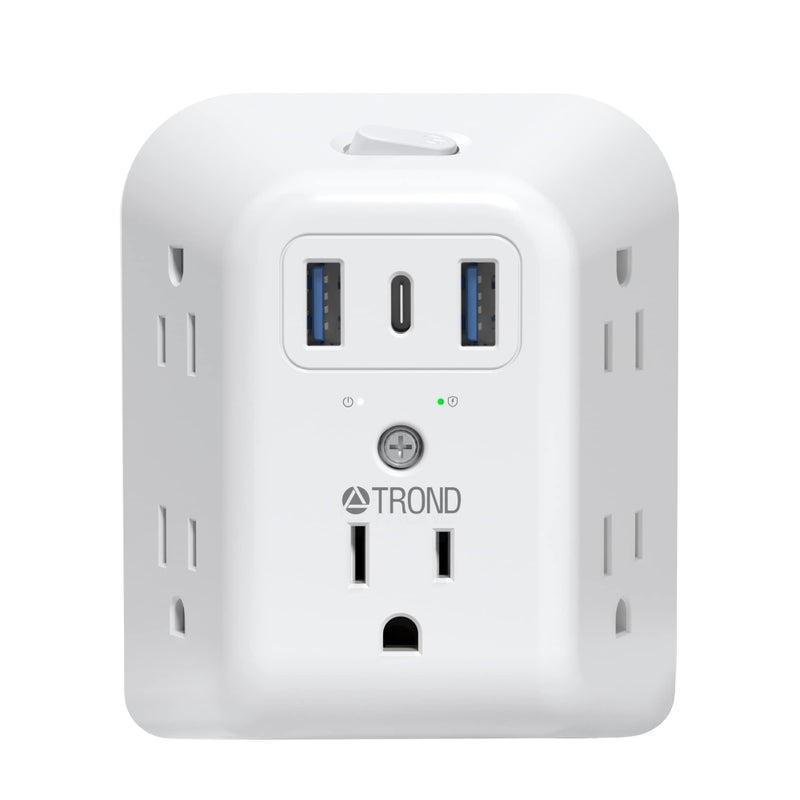 TROND 2 Prong to 3 Prong Outlet Adapter, 1440J Surge Protector Power Strip 2 Prong, Featured 5 AC Outlets and 3 USB Ports, Wall Plug Extender Polarized Plug for Non-Grounded Plug Old House - Image 1