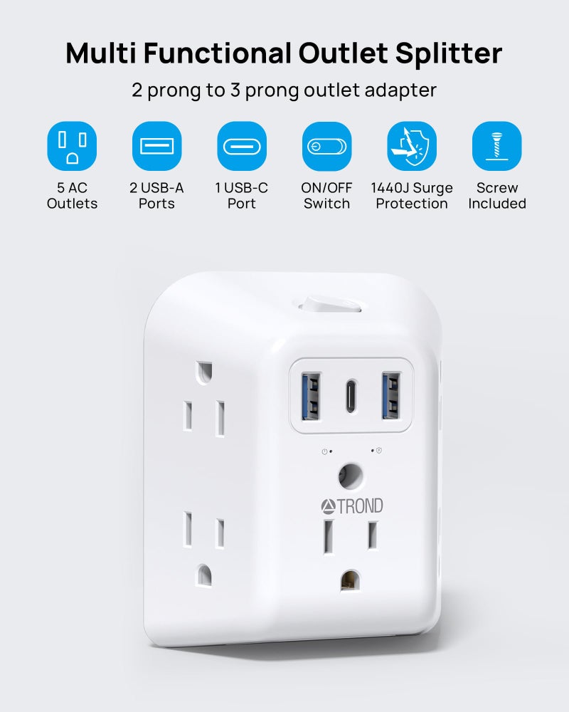 TROND 2 Prong to 3 Prong Outlet Adapter, 1440J Surge Protector Power Strip 2 Prong, Featured 5 AC Outlets and 3 USB Ports, Wall Plug Extender Polarized Plug for Non-Grounded Plug Old House - Image 2