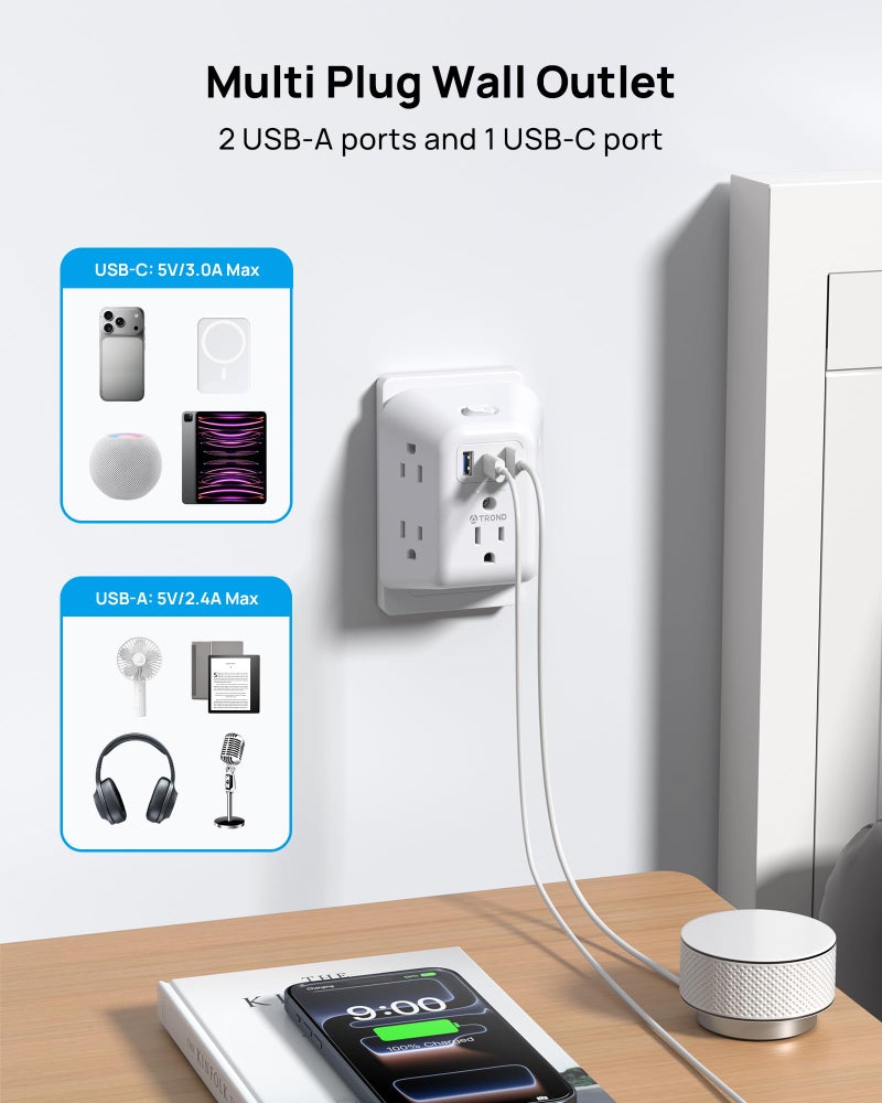 TROND 2 Prong to 3 Prong Outlet Adapter, 1440J Surge Protector Power Strip 2 Prong, Featured 5 AC Outlets and 3 USB Ports, Wall Plug Extender Polarized Plug for Non-Grounded Plug Old House - Image 3