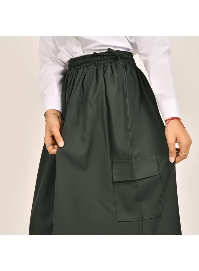 HAWRAA ABAYA تنورة اخضر زيتي موديل ميدي بخصر مطاطي مع ربطة جانبية و جيوب بغطاء