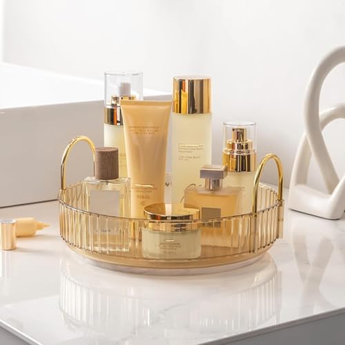 Xpandio Rotating Makeup Organizer for Vanity, Skincare Clear Make Up Storage Perfume Organizers Cosmetic Dresser Organizer Countertop 360 Spinning (Amber Gold, 1 Tier) - Image 3
