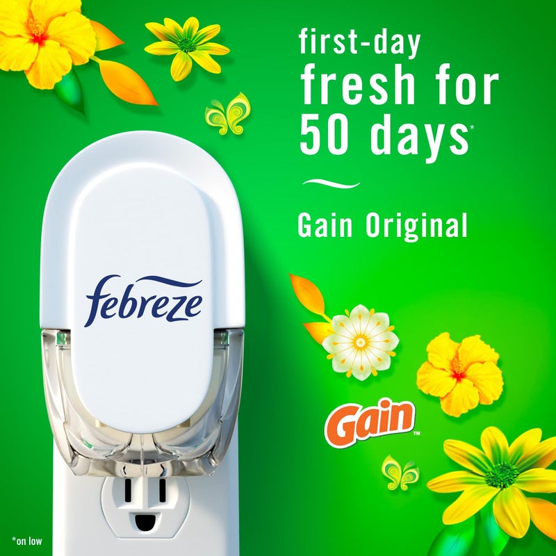 febreze معطرات الهواء Febreze Plug In للمنزل، معطر هواء Plug In، Gain Scent، مضاد للروائح الكريهة للروائح القوية، 1 سخان + 2 عبوة زيت - Image 4