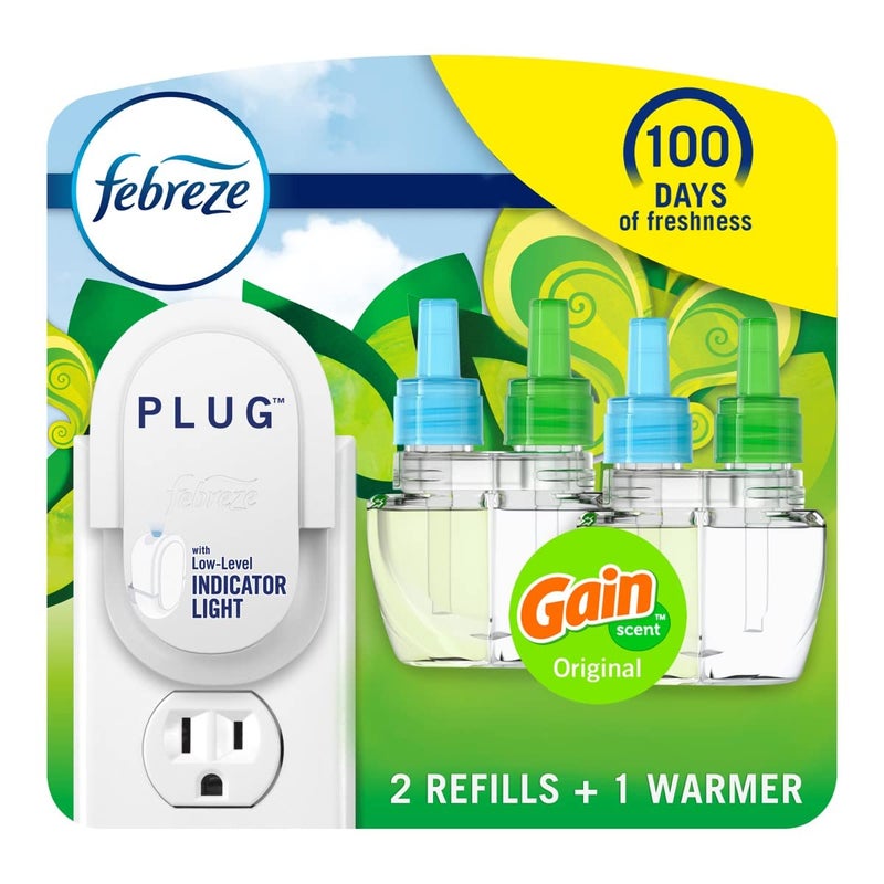 febreze معطرات الهواء Febreze Plug In للمنزل، معطر هواء Plug In، Gain Scent، مضاد للروائح الكريهة للروائح القوية، 1 سخان + 2 عبوة زيت - Image 1