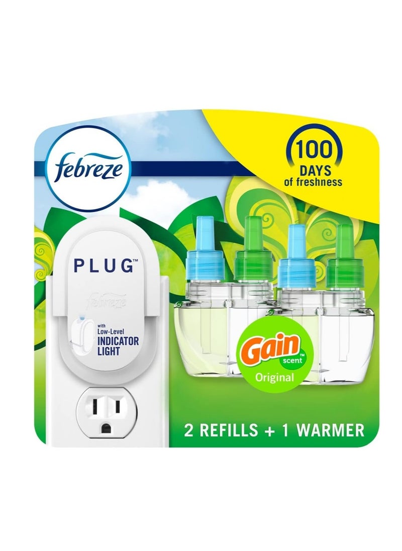 febreze Febreze Plug In Air Fresheners For Home, Air Freshener Plug In, Gain Scent, Odor Fighter for Strong Odors, 1 Warmer + 2 Oil Refills  - Image 1