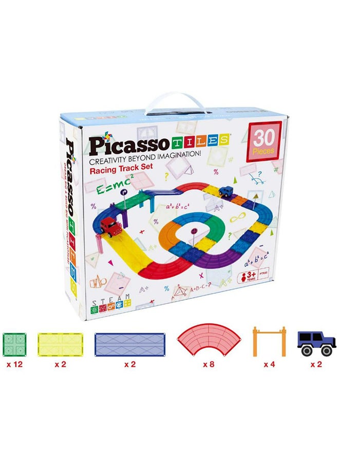 PicassoTiles مجموعة ألعاب تعليمية لبناء مضمار سباق السيارات المغناطيسية 30 قطعة للأولاد والبنات من عمر 3 سنوات وما فوق - Image 1