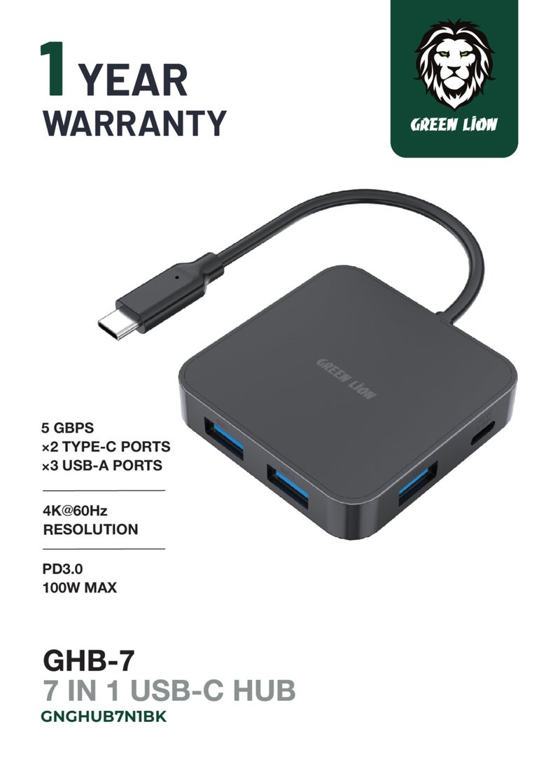 GREEN LION GHB-7 7 in 1 USB-C HUB / Type-C Upstream Port / USB-A Ports / 5 Gbps Data Transfer / Type-C Input Port: PD 100W Max - Black - Image 1