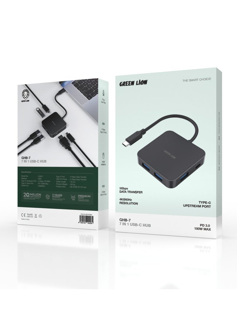 GREEN LION GHB-7 7 in 1 USB-C HUB / Type-C Upstream Port / USB-A Ports / 5 Gbps Data Transfer / Type-C Input Port: PD 100W Max - Black - Image 3