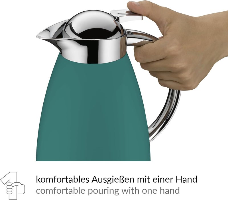 Alfi SIGNO 1.0 L Green Matt Stainless Steel Vacuum Flask with Hygienic Tempered Glass Insert, Screw Cap with Comfortable Push Button, Ergonomic Handle, with One Hand, Ideal as a Coffee Pot, Teapot - Image 3