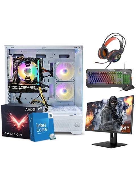 Inferno King All In One Bundle Gaming PC- Intel Core i5-12400F Processor | AMD Radeon RX 580 8GB GPU | 16GB DDR4 RAM | 1TB M.2 NVMe SSD | Air Cooler |Built-In WiFi/Bluetooth | 24" FHD Monitor | Keyboard, Mouse & Headphone Set | Windows 11 Pro | True Nort RGB Gaming Case White
