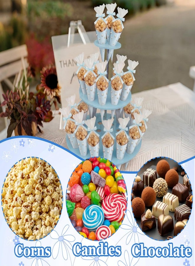 ForraFun 321 Pcs Wedding Blue Bow Cone Bag Set DlY Sweet Cones Shaped Treat Bags Blue Card Paper, Bow and Pearl Patches for Party Favors Sweet Snack Popcorn Packing Gift - Image 5