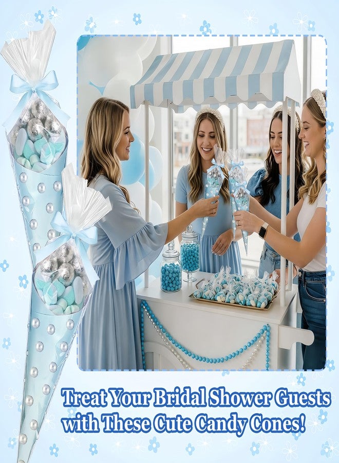 ForraFun 321 Pcs Wedding Blue Bow Cone Bag Set DlY Sweet Cones Shaped Treat Bags Blue Card Paper, Bow and Pearl Patches for Party Favors Sweet Snack Popcorn Packing Gift - Image 2