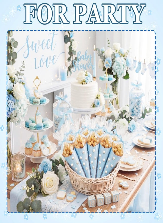 ForraFun 321 Pcs Wedding Blue Bow Cone Bag Set DlY Sweet Cones Shaped Treat Bags Blue Card Paper, Bow and Pearl Patches for Party Favors Sweet Snack Popcorn Packing Gift - Image 3