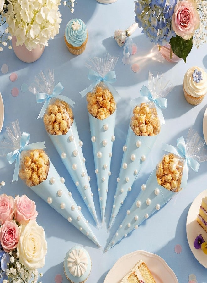 ForraFun 321 Pcs Wedding Blue Bow Cone Bag Set DlY Sweet Cones Shaped Treat Bags Blue Card Paper, Bow and Pearl Patches for Party Favors Sweet Snack Popcorn Packing Gift - Image 1