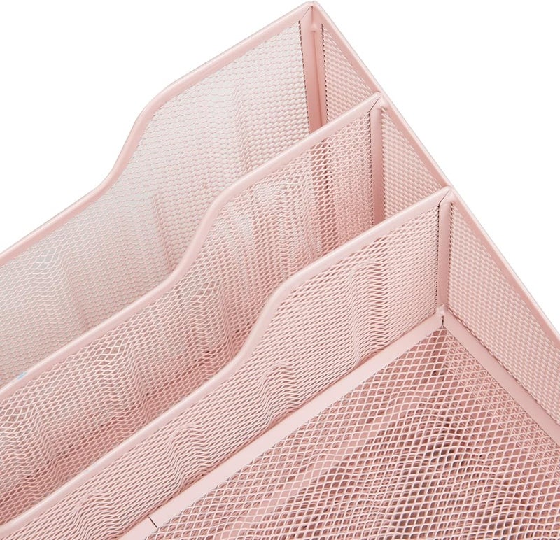 Mind Reader Network Collection, 3-Tier, 5-Compartment Desktop Organizer with 2 Vertical File Holders and 3 Horizontal Paper Trays, Desktop Organizer, Metal Mesh, 12.5" L x 11.5" W x 9.5" H, Pink - Image 4