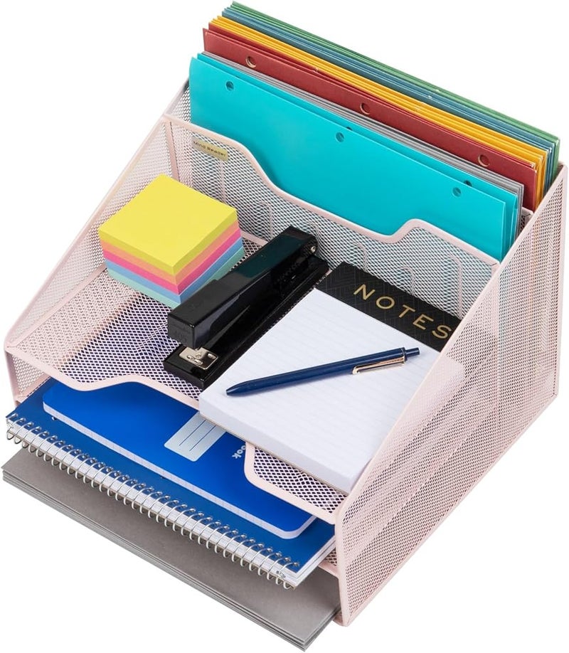 Mind Reader Network Collection, 3-Tier, 5-Compartment Desktop Organizer with 2 Vertical File Holders and 3 Horizontal Paper Trays, Desktop Organizer, Metal Mesh, 12.5" L x 11.5" W x 9.5" H, Pink - Image 5