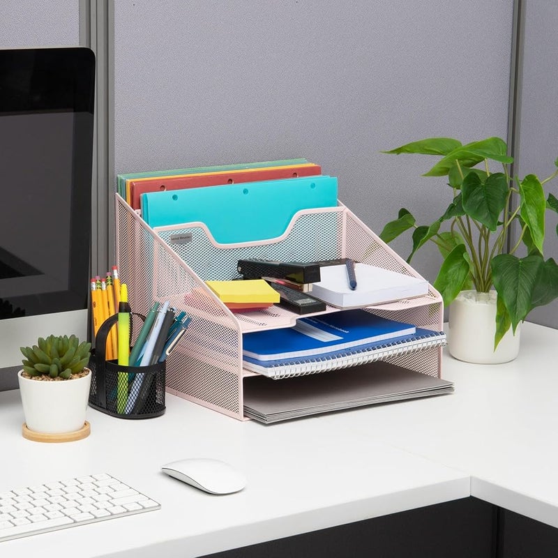 Mind Reader Network Collection, 3-Tier, 5-Compartment Desktop Organizer with 2 Vertical File Holders and 3 Horizontal Paper Trays, Desktop Organizer, Metal Mesh, 12.5" L x 11.5" W x 9.5" H, Pink - Image 2