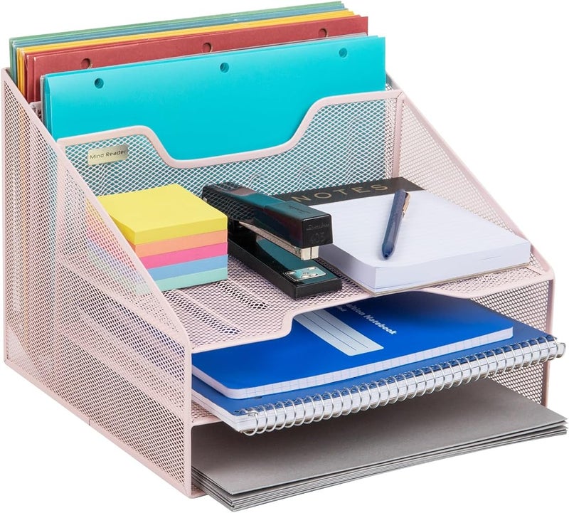 Mind Reader Network Collection, 3-Tier, 5-Compartment Desktop Organizer with 2 Vertical File Holders and 3 Horizontal Paper Trays, Desktop Organizer, Metal Mesh, 12.5" L x 11.5" W x 9.5" H, Pink - Image 1