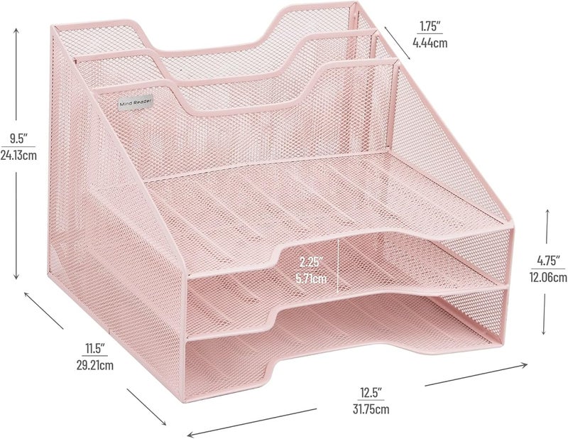 Mind Reader Network Collection, 3-Tier, 5-Compartment Desktop Organizer with 2 Vertical File Holders and 3 Horizontal Paper Trays, Desktop Organizer, Metal Mesh, 12.5" L x 11.5" W x 9.5" H, Pink - Image 3