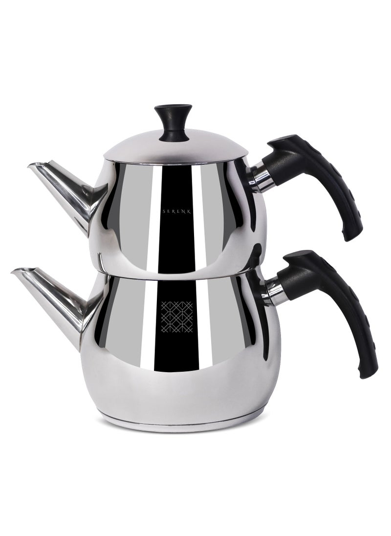 Serenk - Traditional Stainless Steel Turkish Tea Pot,1L Upper 1.5L Lower Double Tea Pots, Stove Top Turkish Tea Kettle, Rapid Boil Turkish Teapot with Insulation Base, Kettle and Tea Pot Set, Serenk Modernist Series - Image 1