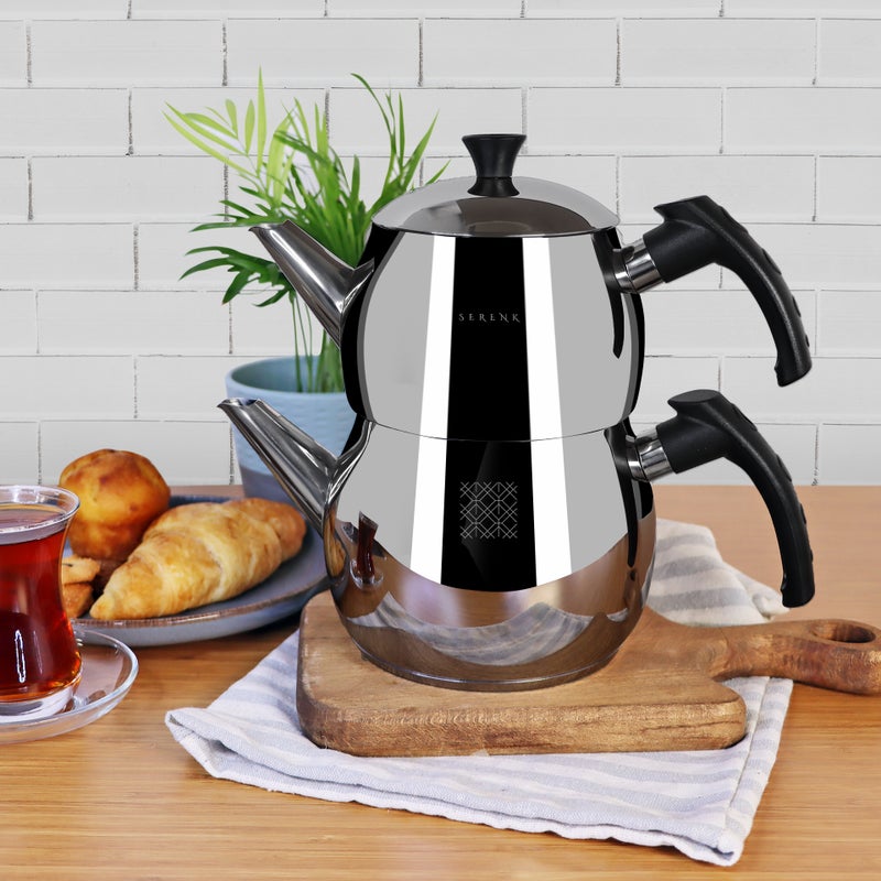 Serenk Traditional Stainless Steel Turkish Tea Pot,1L Upper 1.5L Lower Double Tea Pots, Stove Top Turkish Tea Kettle, Rapid Boil Turkish Teapot with Insulation Base, Kettle and Tea Pot Set, Serenk Modernist Series - Image 2