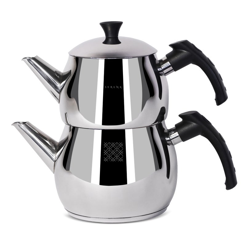 Serenk Traditional Stainless Steel Turkish Tea Pot,1L Upper 1.5L Lower Double Tea Pots, Stove Top Turkish Tea Kettle, Rapid Boil Turkish Teapot with Insulation Base, Kettle and Tea Pot Set, Serenk Modernist Series - Image 1