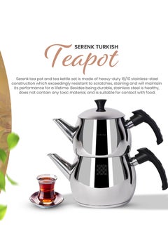 Serenk Traditional Stainless Steel Turkish Tea Pot,1L Upper 1.5L Lower Double Tea Pots, Stove Top Turkish Tea Kettle, Rapid Boil Turkish Teapot with Insulation Base, Kettle and Tea Pot Set, Serenk Modernist Series  - Image 3