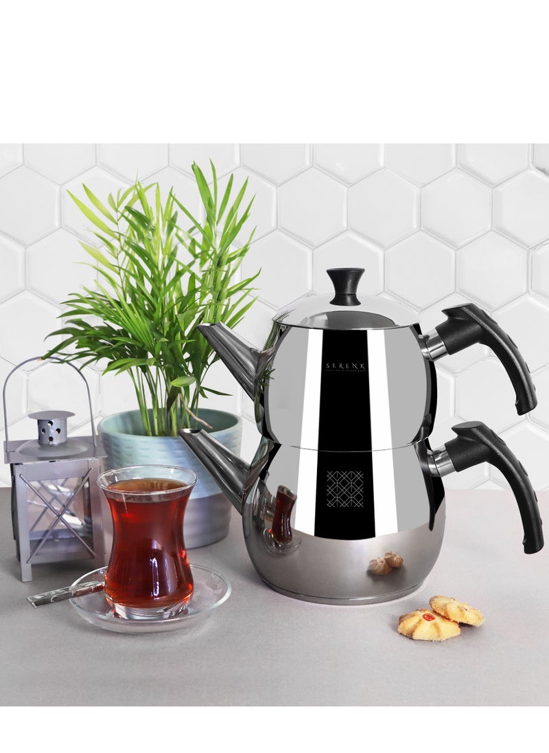 Serenk - Traditional Stainless Steel Turkish Tea Pot,1L Upper 1.5L Lower Double Tea Pots, Stove Top Turkish Tea Kettle, Rapid Boil Turkish Teapot with Insulation Base, Kettle and Tea Pot Set, Serenk Modernist Series - Image 1