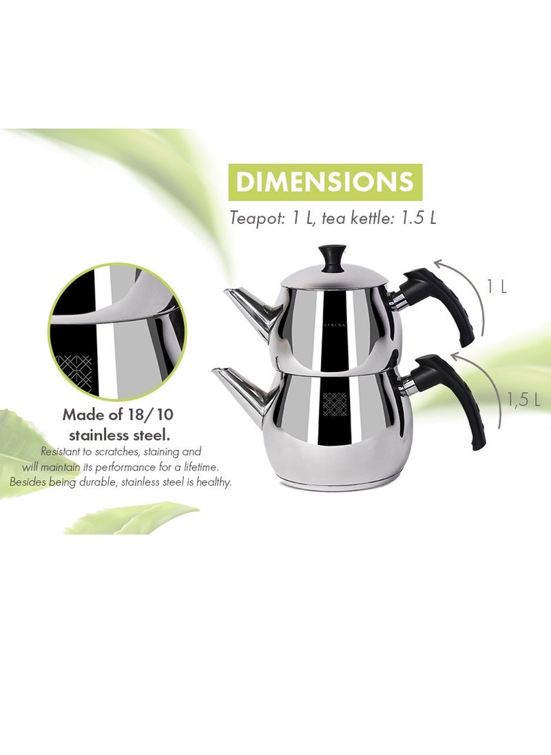 Serenk - Traditional Stainless Steel Turkish Tea Pot,1L Upper 1.5L Lower Double Tea Pots, Stove Top Turkish Tea Kettle, Rapid Boil Turkish Teapot with Insulation Base, Kettle and Tea Pot Set, Serenk Modernist Series - Image 1