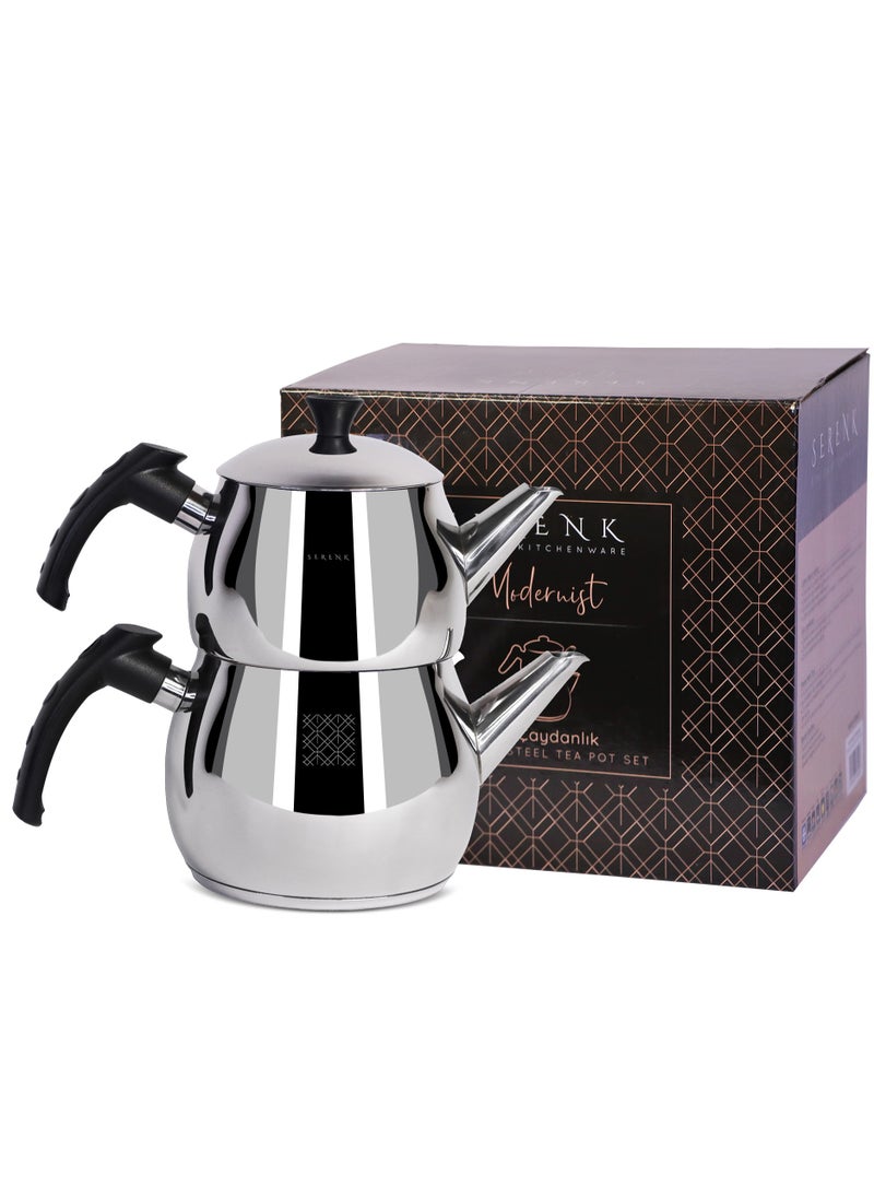 Serenk - Traditional Stainless Steel Turkish Tea Pot,1L Upper 1.5L Lower Double Tea Pots, Stove Top Turkish Tea Kettle, Rapid Boil Turkish Teapot with Insulation Base, Kettle and Tea Pot Set, Serenk Modernist Series - Image 1